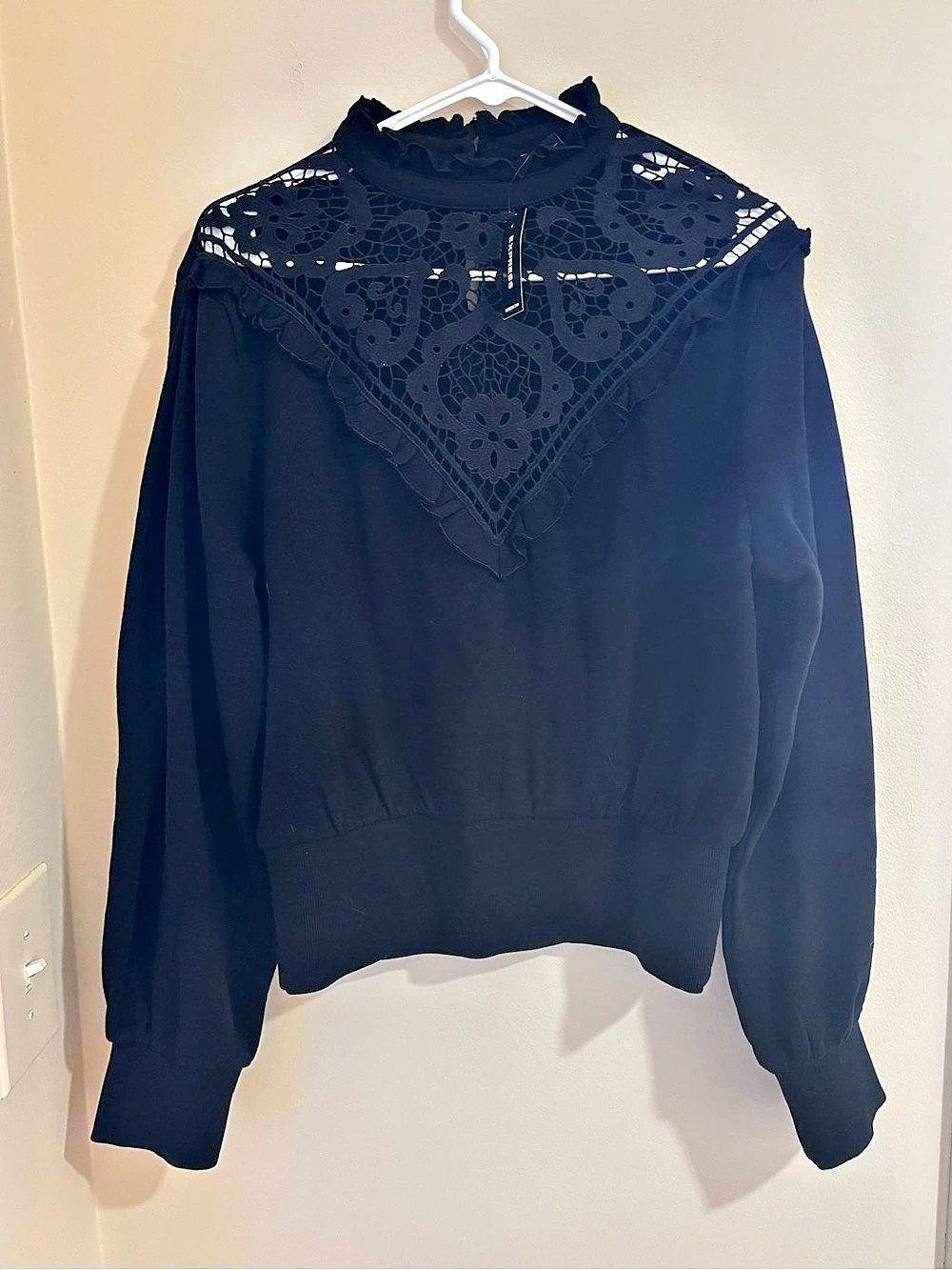 Express Ruffle Lace Mock Neck Sweatshirt Black Medium